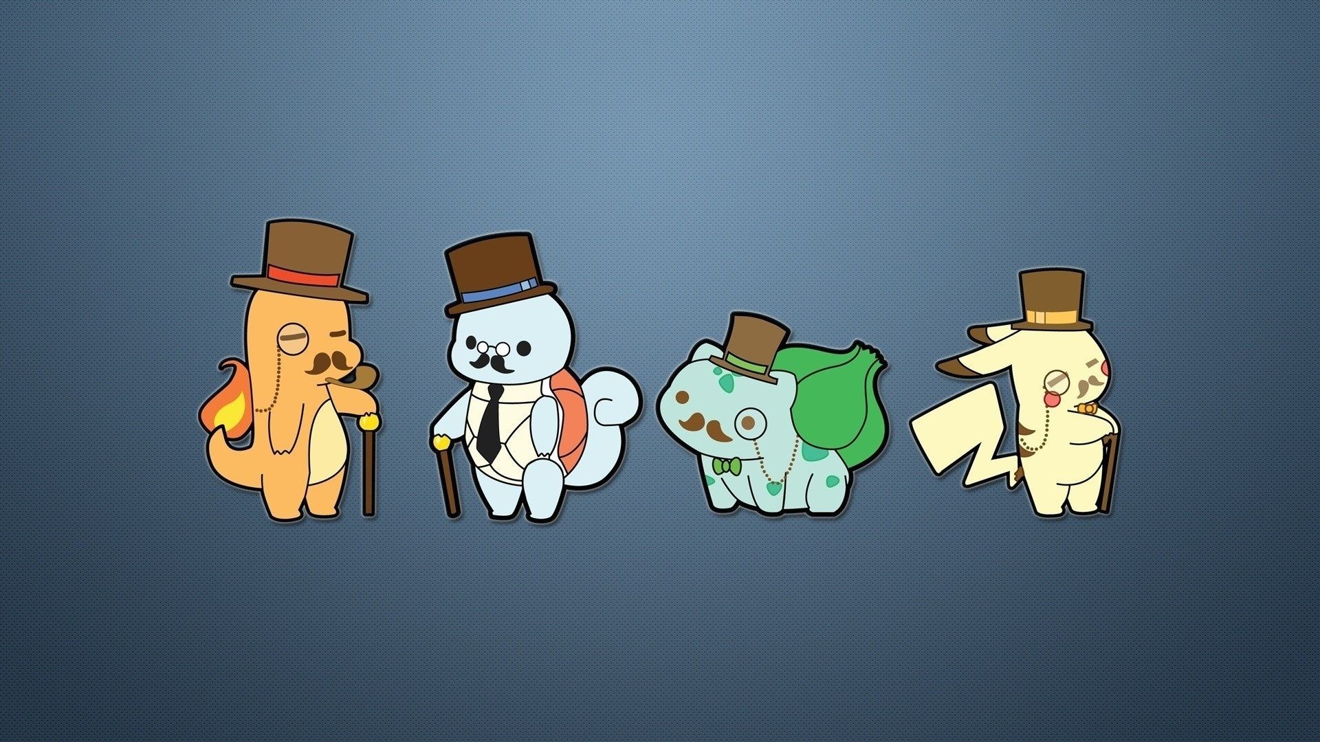 Image of cute charmander, bulbasaur, pikachu and squirtle in moustaches.